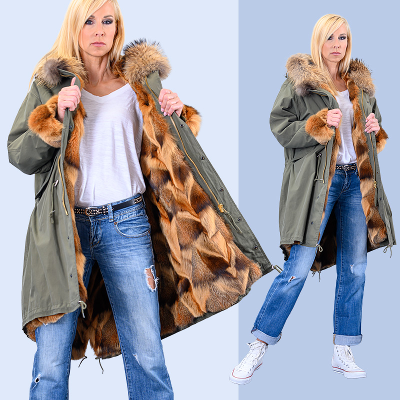 Baumwoll Parka oliv mit Foxpatch Innenfutter und Seefuchs Kapuzenrand