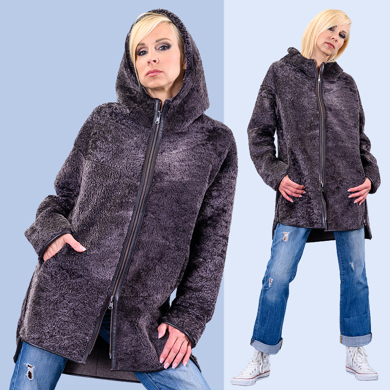 Sambia Lammfell Jacke sportlich mit Kapuze taupe